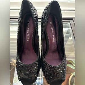 Black sequin peep-toe pumps